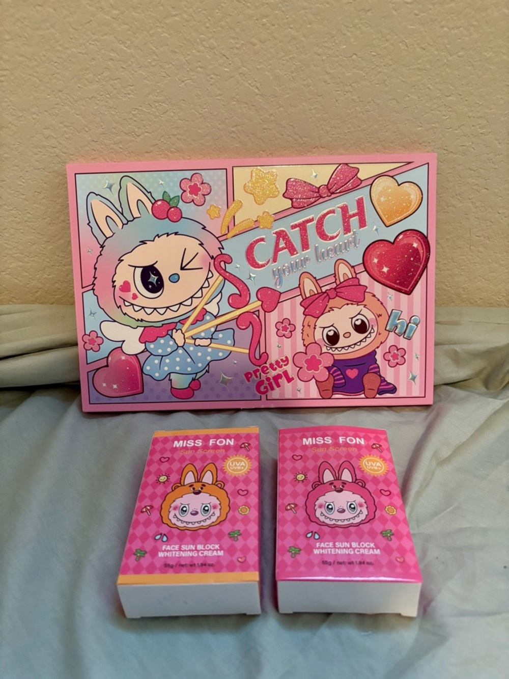Labubu The Monsters Catch Your Heart Eyeshadow Pallet and 2 Sunscreens